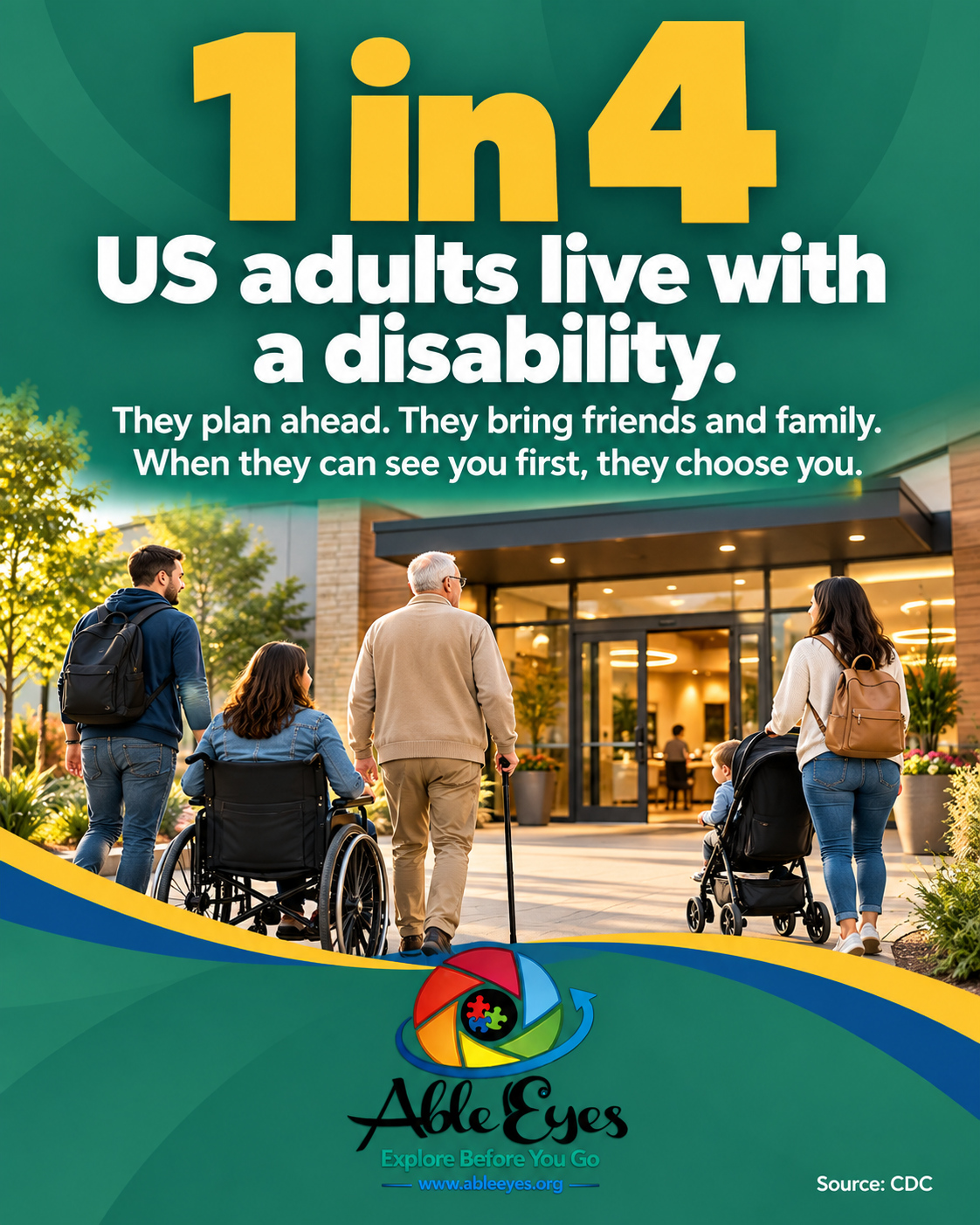 Adults with disabilities, an older adult, a caregiver, and a parent with a stroller approach a business entrance.