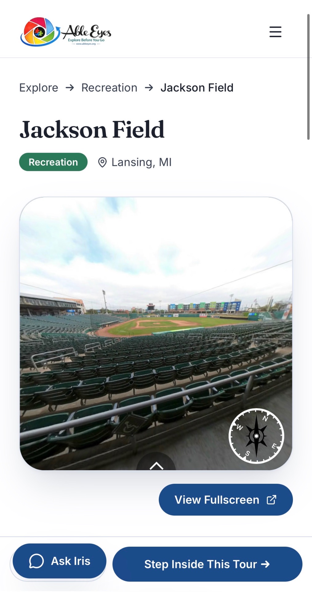 Able Eyes tour of Jackson Field in Lansing, Michigan, looking out over the stadium seats to the baseball diamond.
