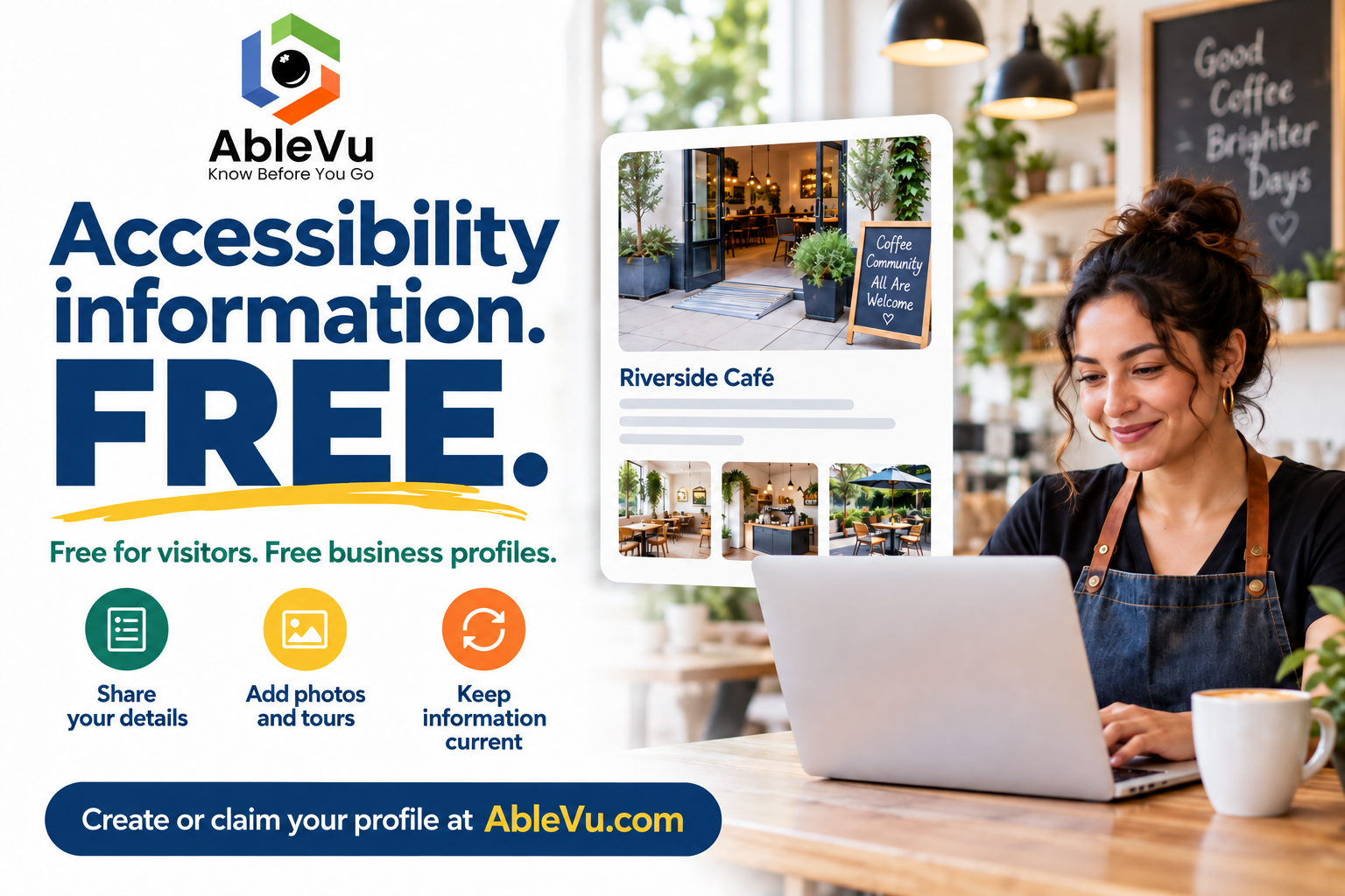 AbleVu is free for visitors and offers free business profiles where businesses can share details, add photos and tours, and keep information current.