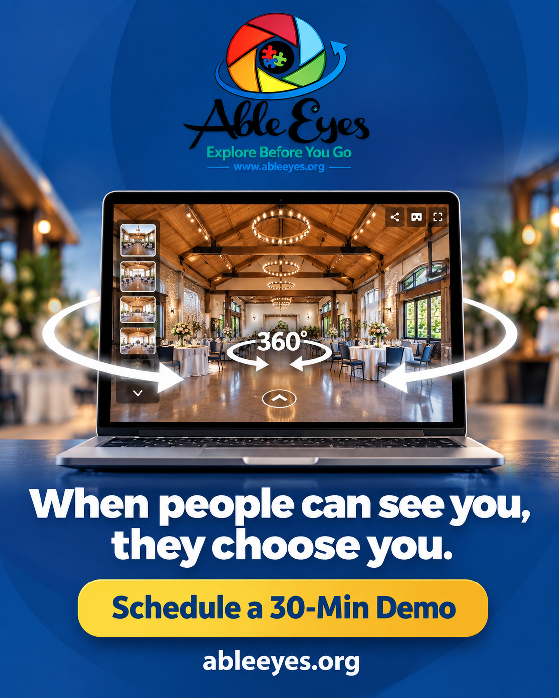 A laptop displays a 360° virtual tour of an event venue with an invitation to schedule a 30-minute demo.