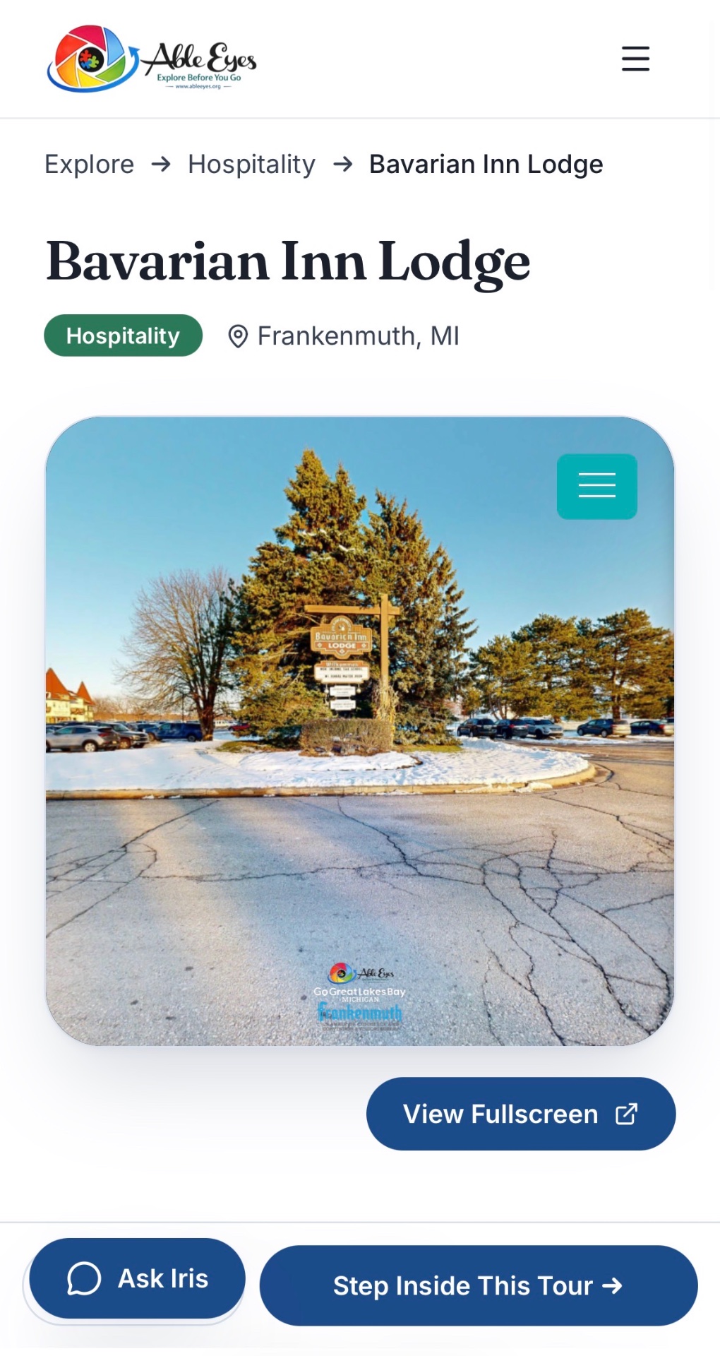 Able Eyes tour of Bavarian Inn Lodge in Frankenmuth, Michigan, opening at the lodge's entrance sign in winter.