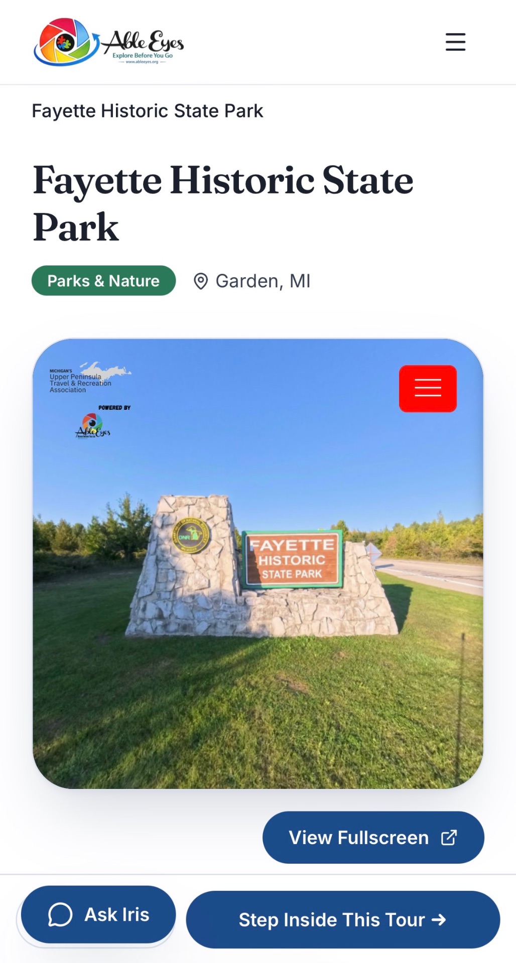 Able Eyes tour page for Fayette Historic State Park in Garden, Michigan, opening on the park's stone entrance sign.