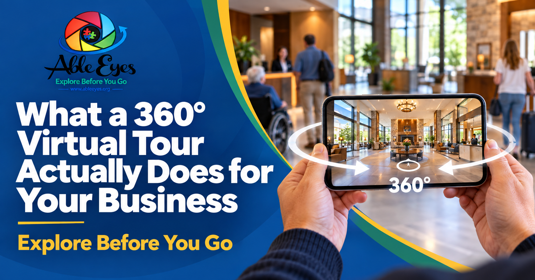 A person holds a tablet showing a 360° virtual tour of a hotel lobby.