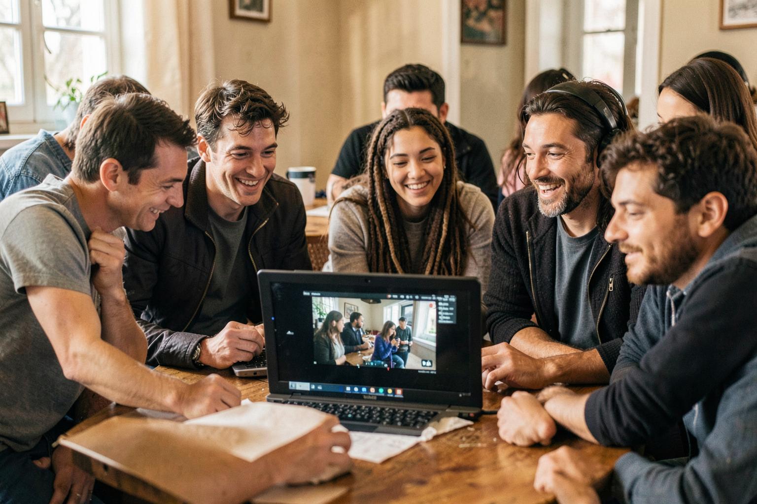 A diverse film crew reviewing footage together around a laptop