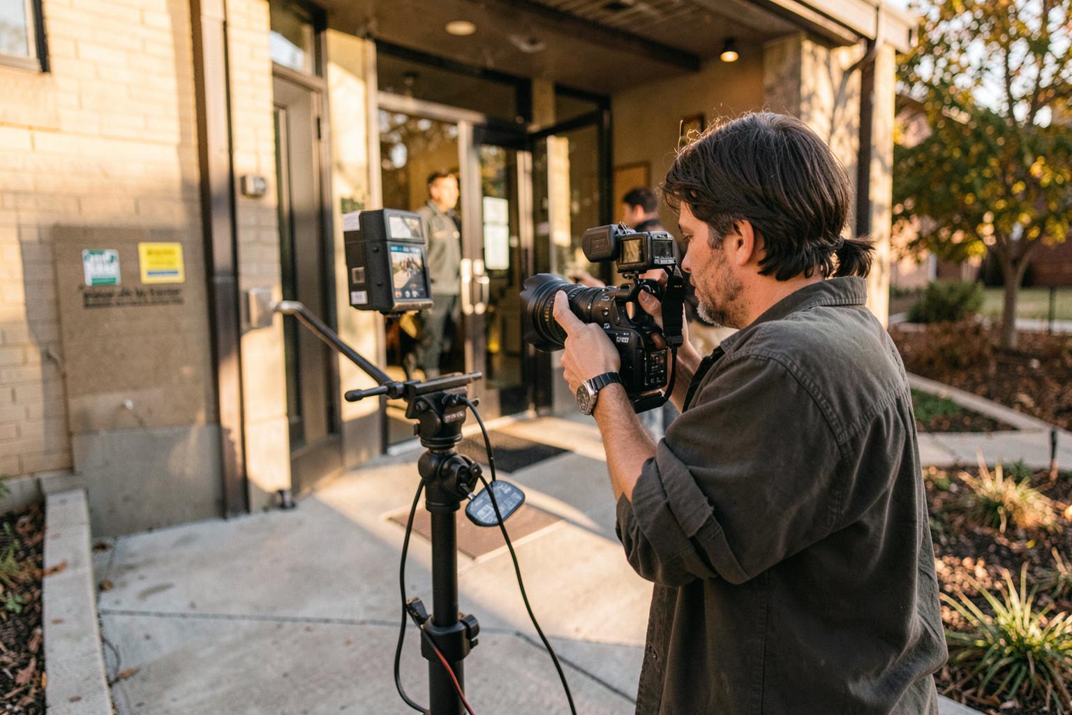 A videographer filming an accessible entrance for a documentary project