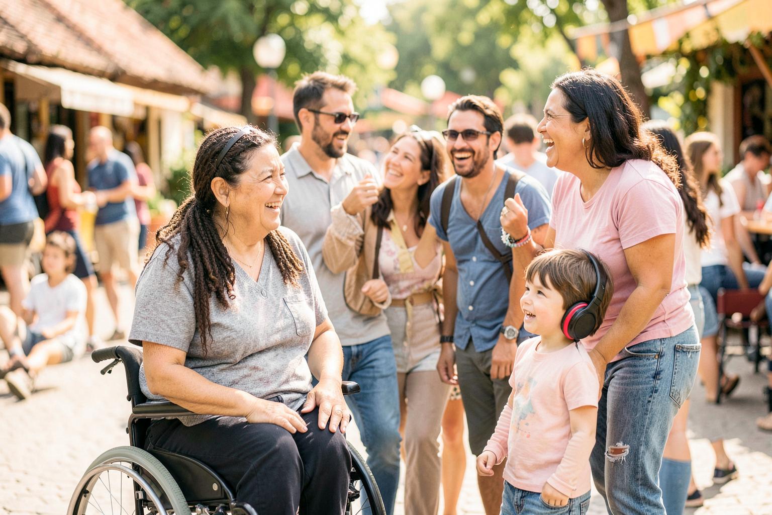 A diverse group, including a wheelchair user and a child with sensory headphones, exploring a community space together.