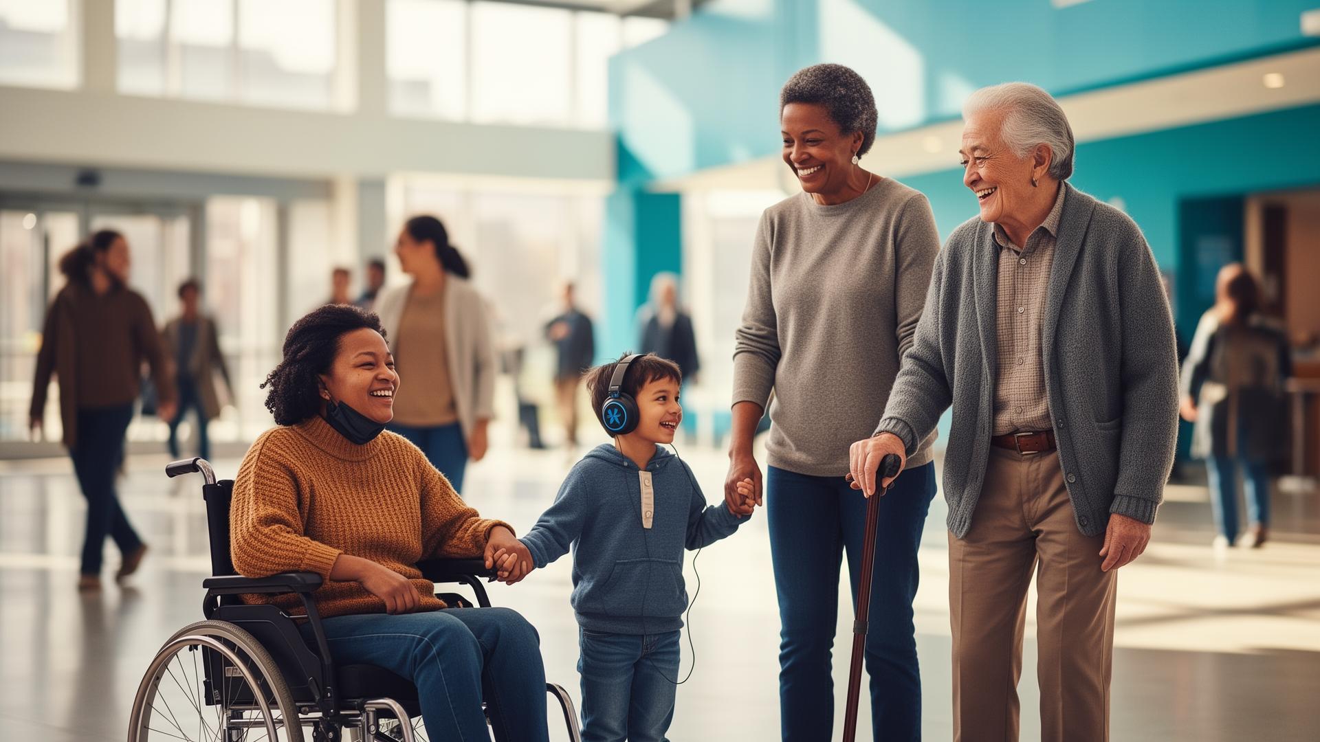 A diverse group including a person in a wheelchair, a child wearing sensory headphones, a parent, and a senior with a cane sharing a joyful moment together in a bright, accessible public space.