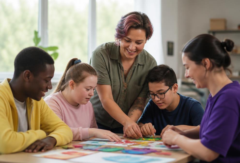 Recreation instructor guiding an inclusive group activity
