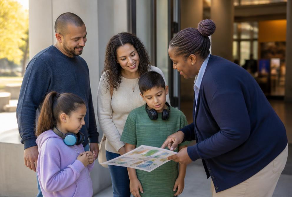 Attraction employee helping a family orient themselves at an entrance