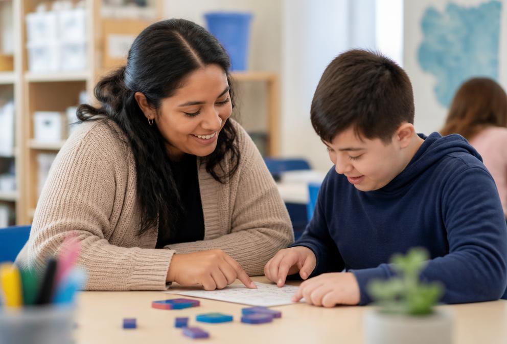 Teacher and student working together in an inclusive classroom