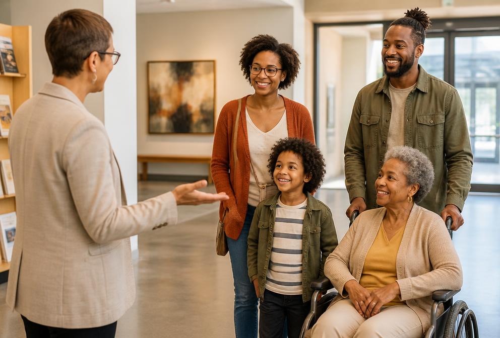 Community venue host welcoming a diverse family