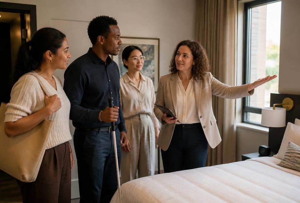 Hotel operations team reviewing accessibility details in a guest room