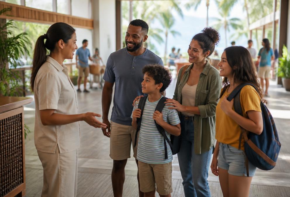 Resort employee welcoming a family in an open-air lobby