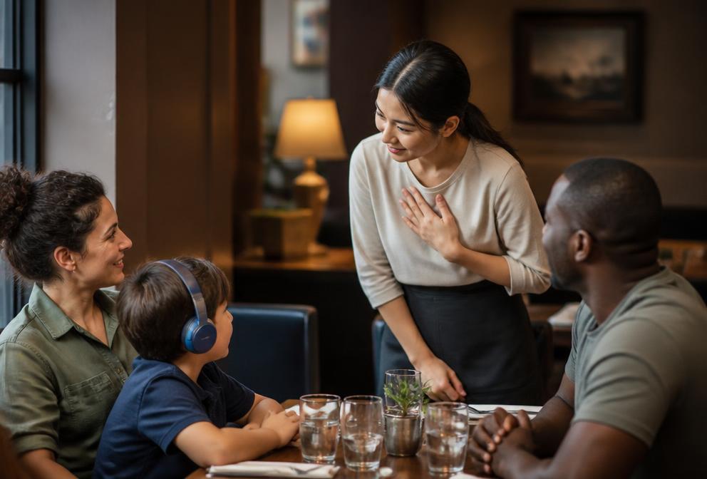 Restaurant server warmly greeting a family at their table