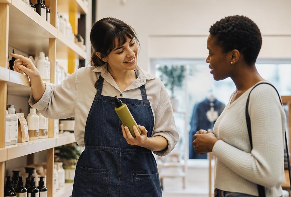 Retail employee helping a customer find a product