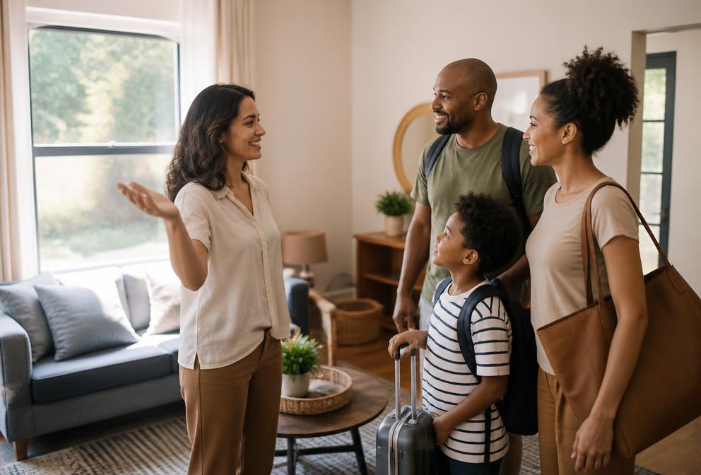 Vacation rental host welcoming a family into a guest home