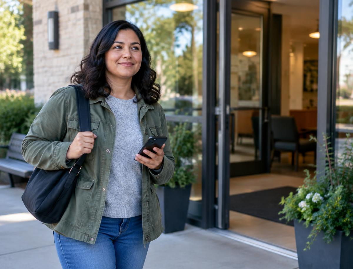 A relaxed visitor holding a phone outside a welcoming building entrance.