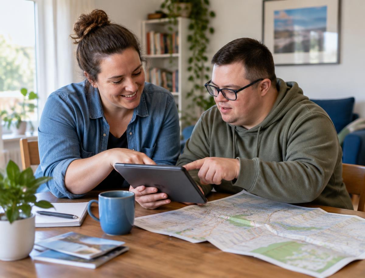 A caregiver and the person they support planning a visit together.