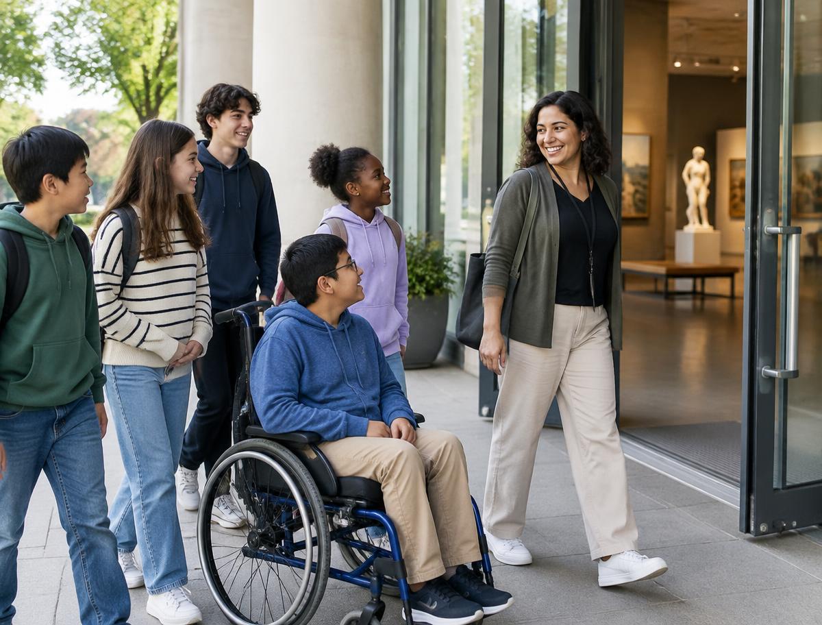 A group leader arriving with a small group of students at a museum entrance.
