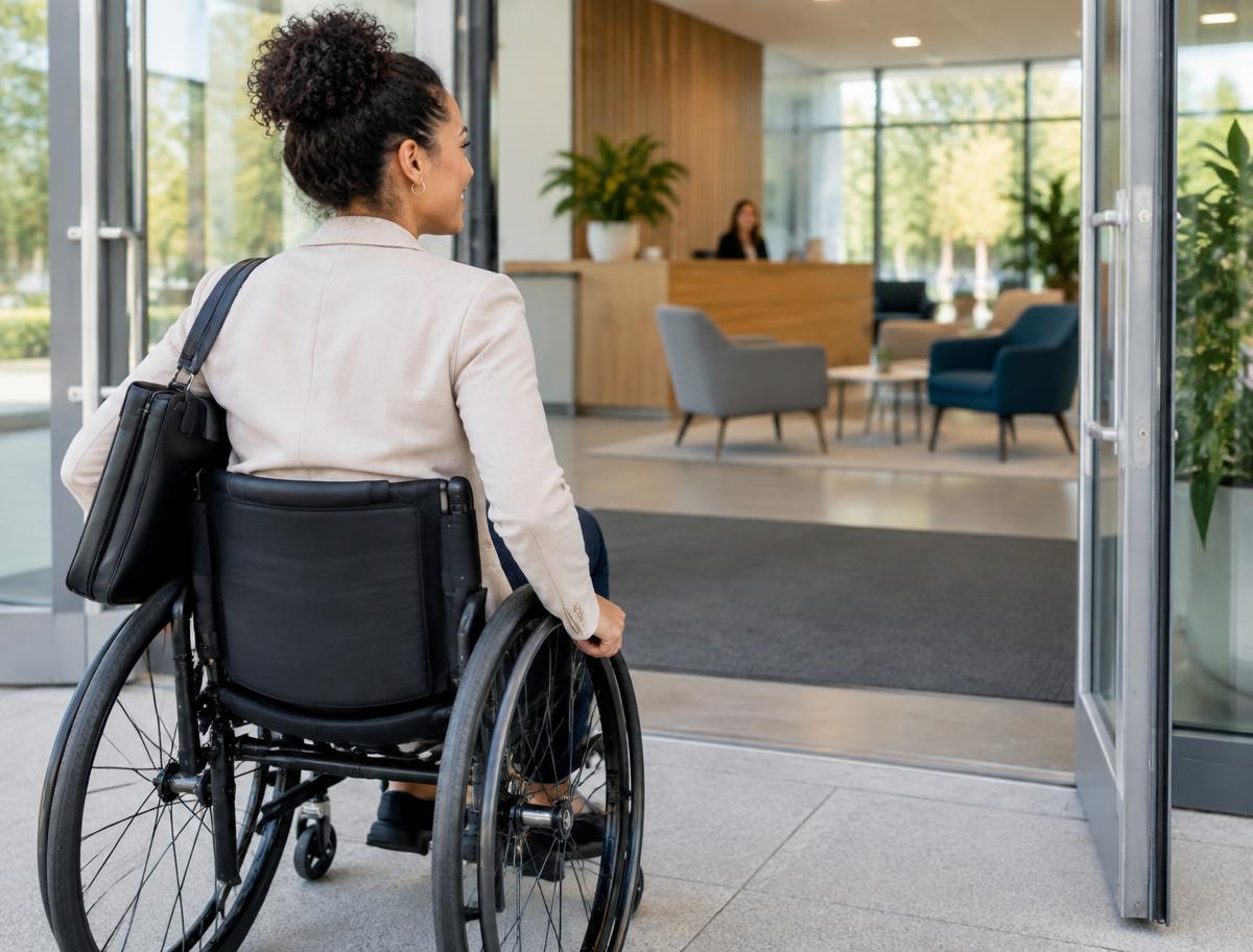 A job candidate using a wheelchair as she arrives at a modern workplace entrance.