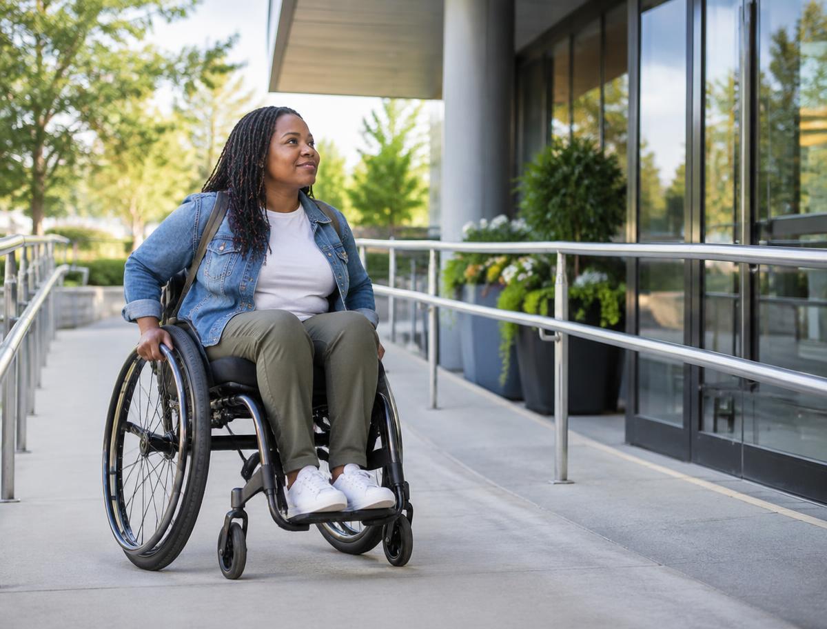 A wheelchair user confidently approaching an accessible building entrance by ramp.