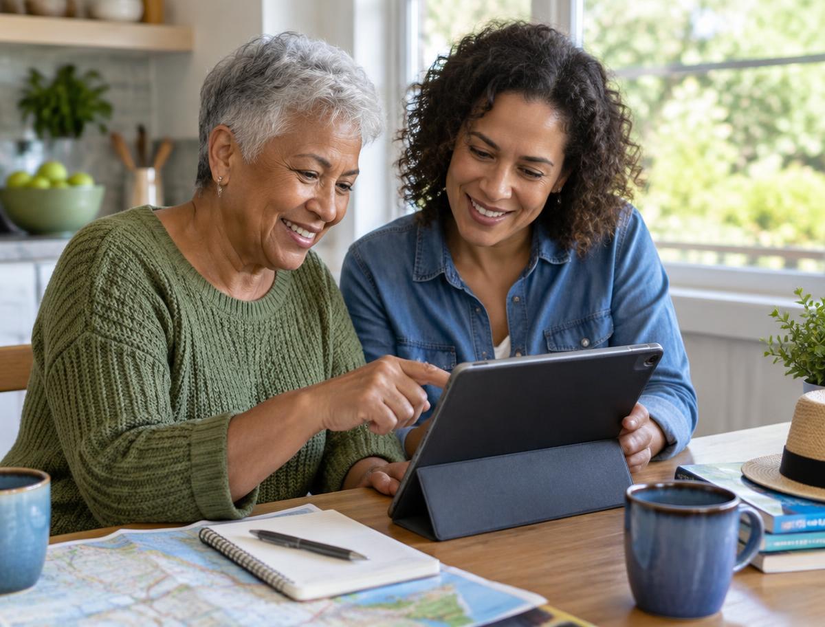 An older adult and family member planning a visit together on a tablet.