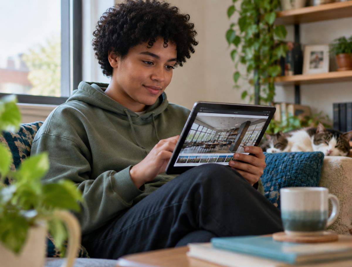 A person calmly previewing a public space on a tablet at home.