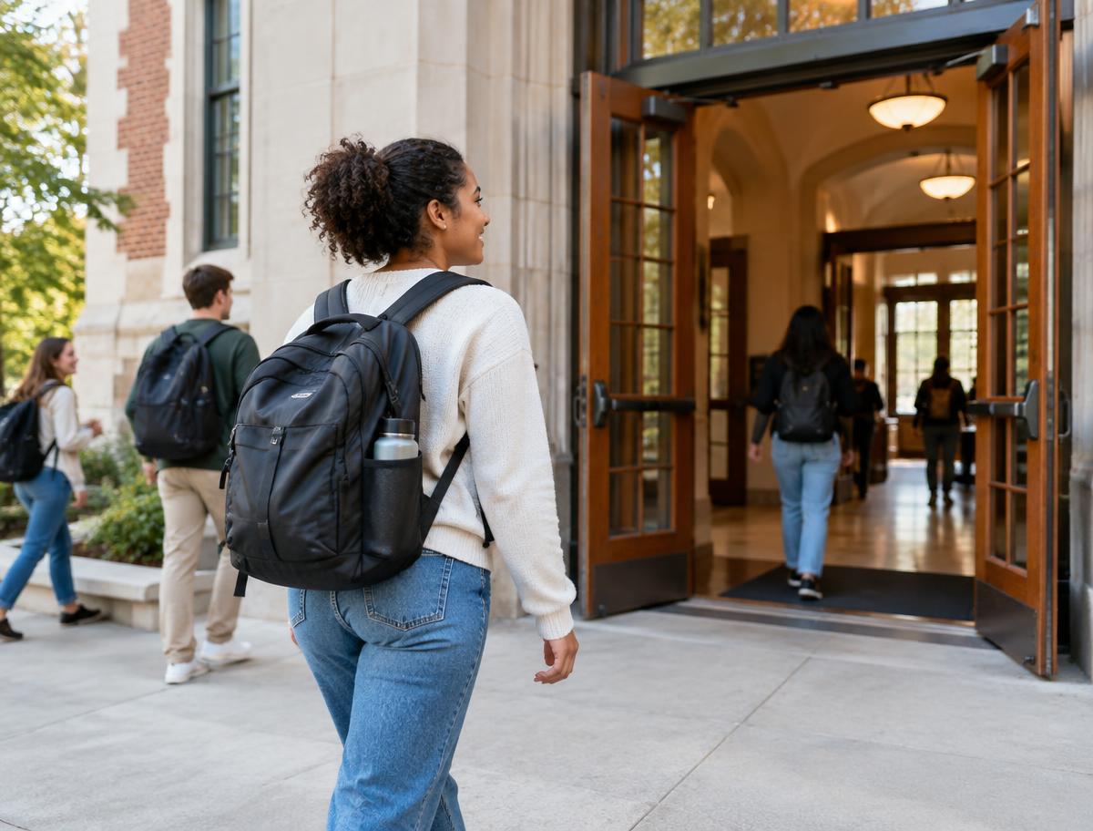 A student with a backpack walking into a campus building.
