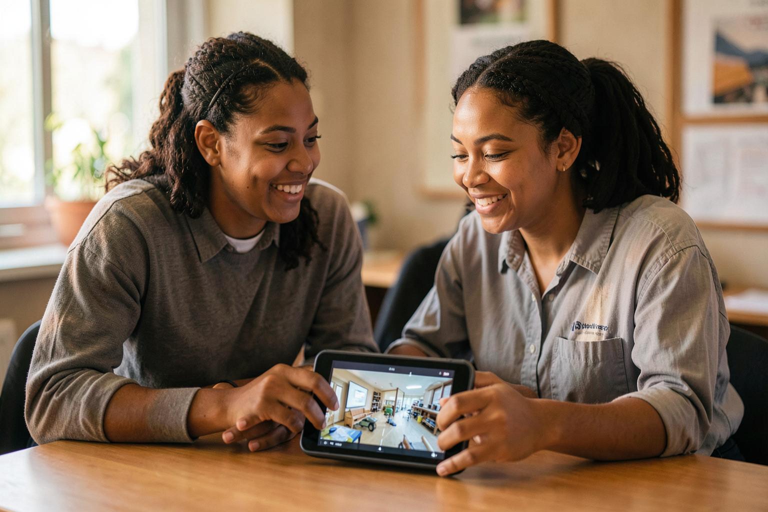 A job seeker and vocational counselor preview a workplace together on a tablet